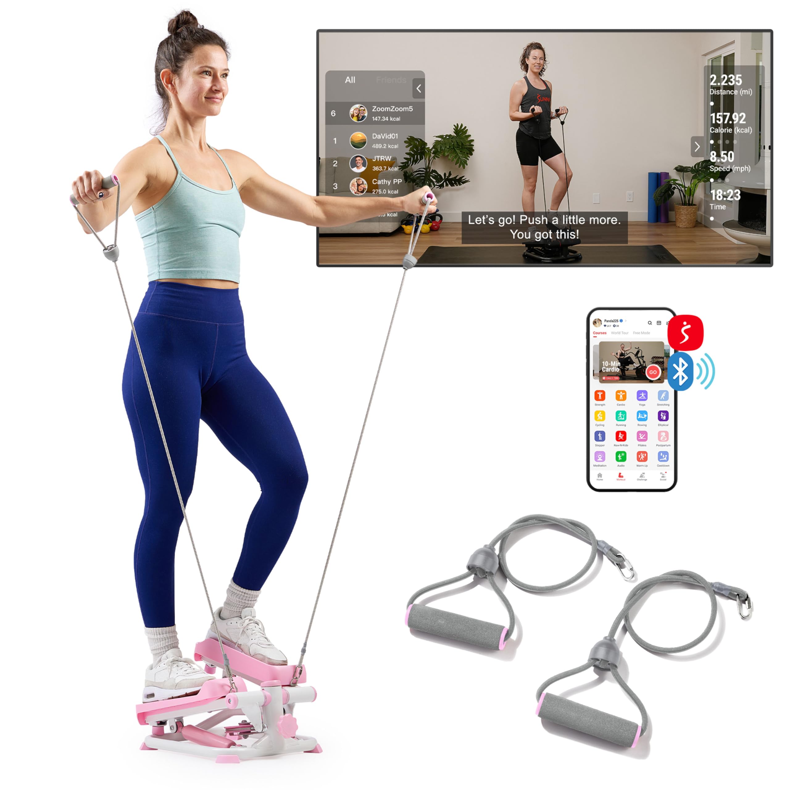 Sunny Health & Fitness Mini Stepper for Home, Exercise Step, Smart Stepper Machine with Resistance Bands Full-Body Workout Equipment, Home Gym Cardio Equipment, Free SunnyFit App Connection, Pink
