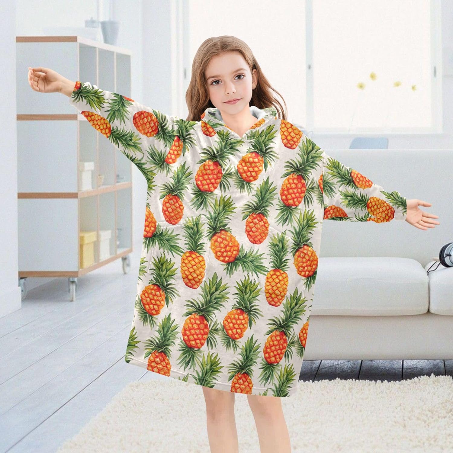 Pineapple Fruit Summer Kids Wearable Blanket Hoodie with Pocket and Sleeves for Toddlers, Cute Hoodies Girls B0403893