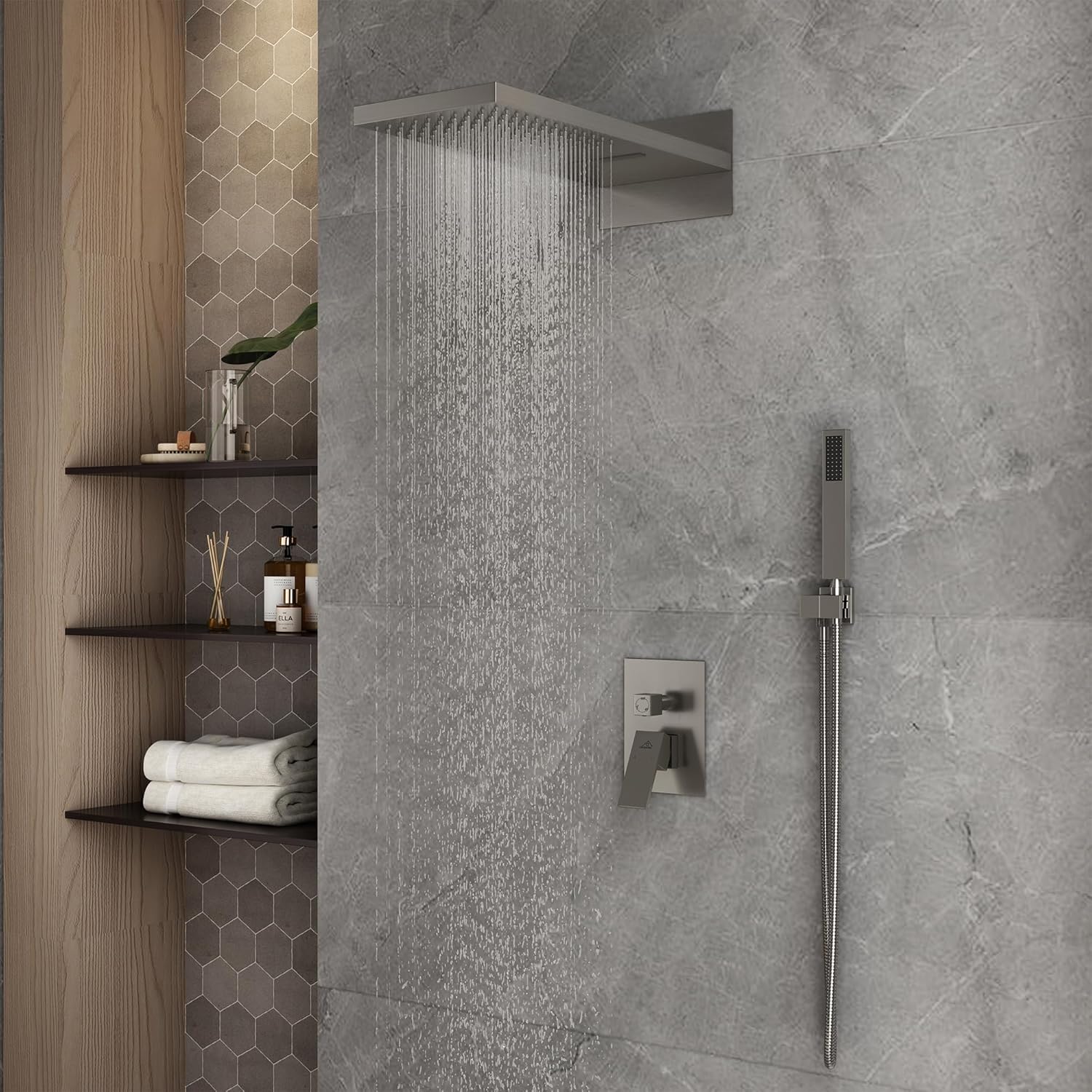 CASAINC Luxury Waterfall & Rain Shower Head with Handheld Spray 22" Large Square Shower Set, Wall Mounted Shower Valve Kit Shower System (Brushed Nickel)