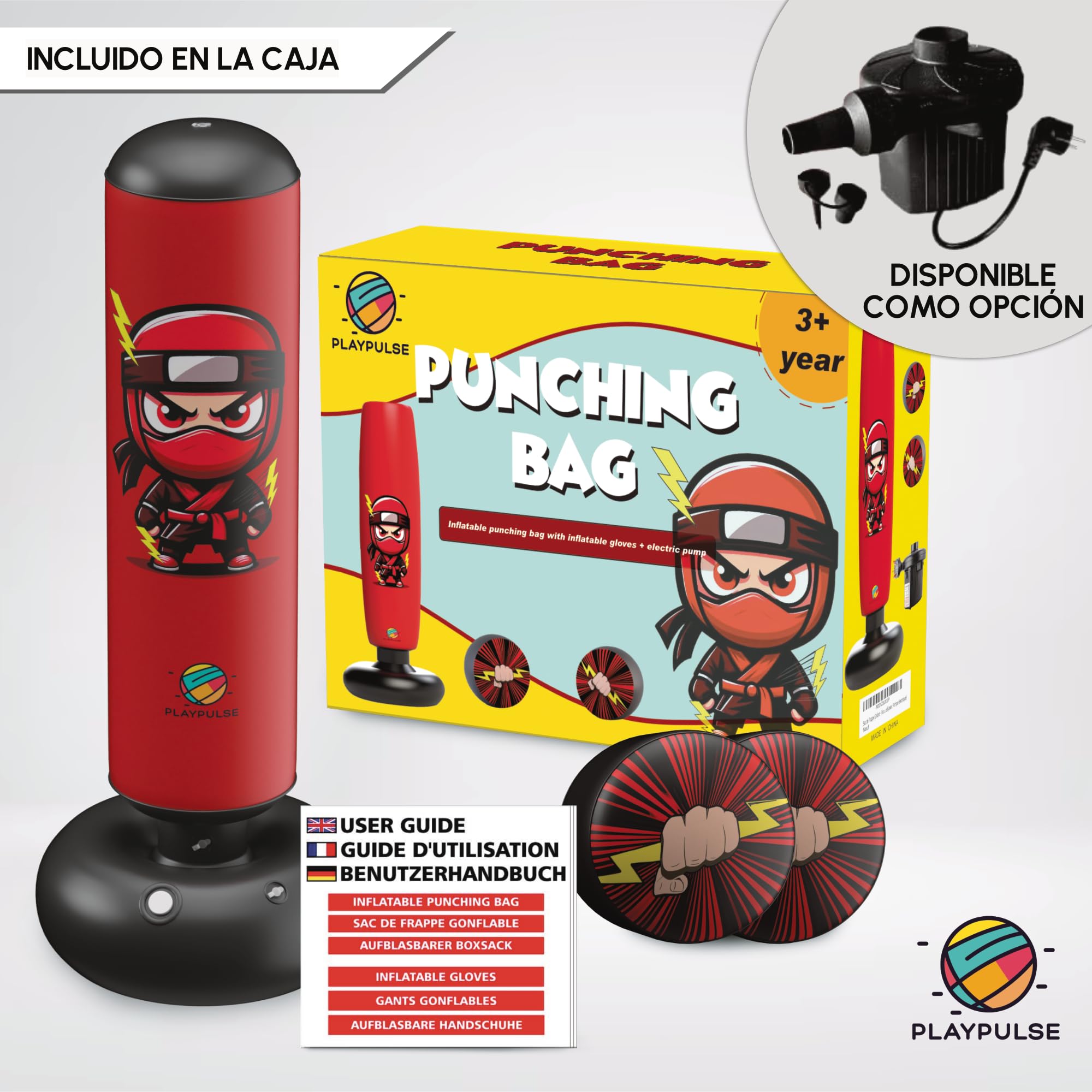Saco de Boxeo Infantil 160CM - Punching Ball para Niños + Bomba Eléctrica + Guantes de Boxeo Inflables - 3 a 10 Años - Juguete para Exterior e Interior - Saco de Boxeo de Pie