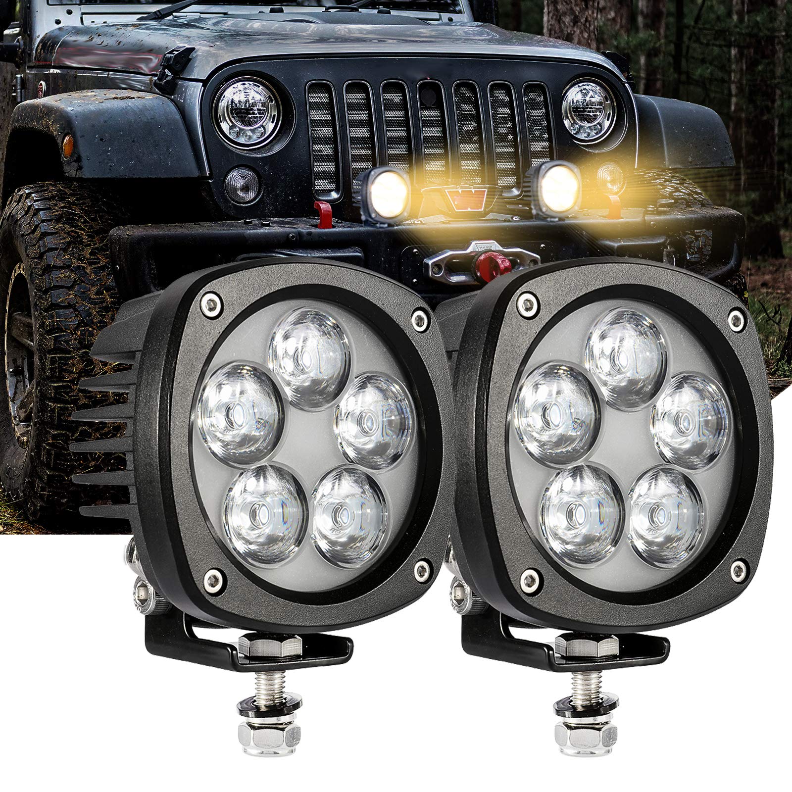 Auxbeam 5 Inch Round Driving Lights, 50W LED Driving Light Pod Spot Lights with Golden Yellow Spot F