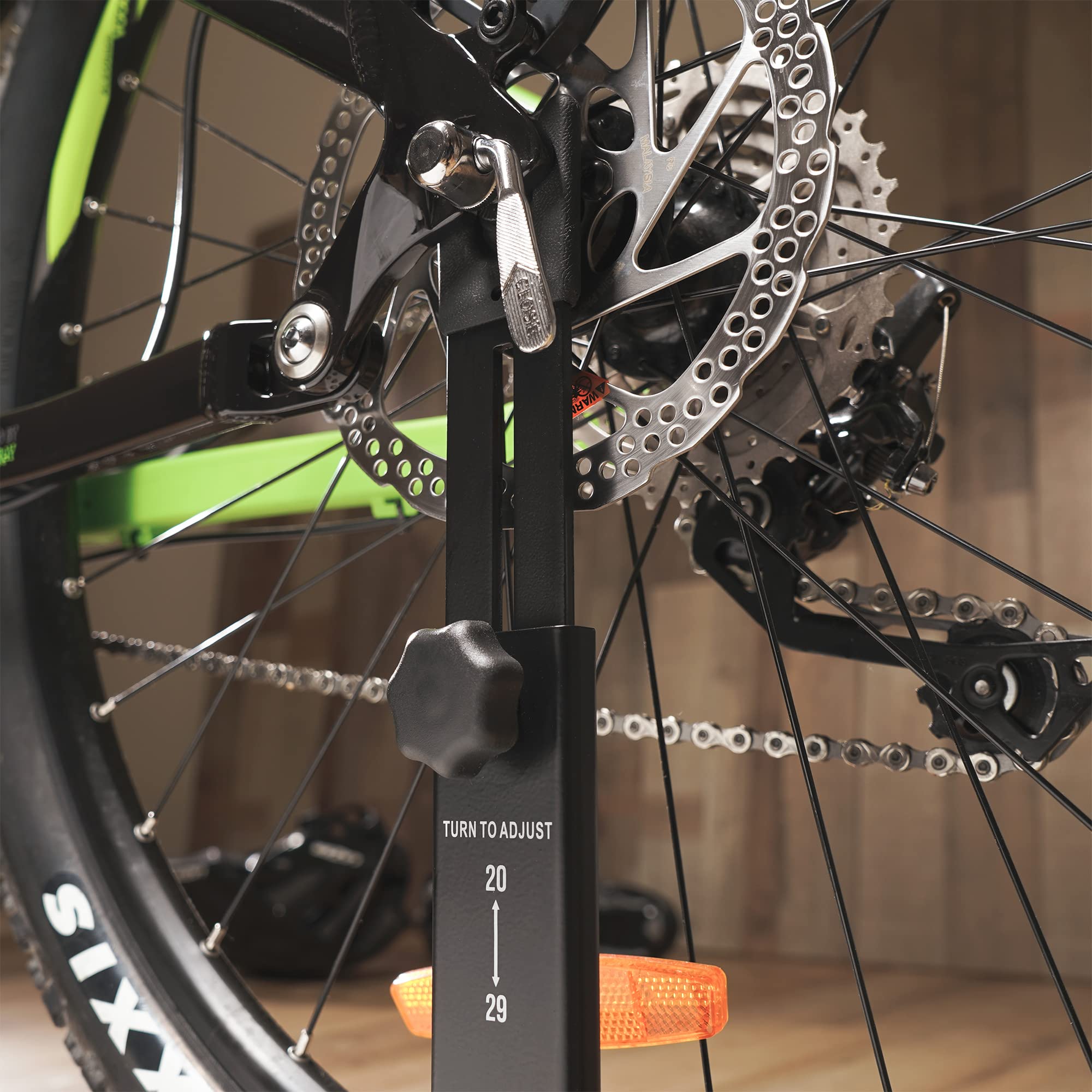 Bikehand Stojak na piastę rowerową, do rowerów górskich i szosowych, do wewnątrz, na zewnątrz, garaż, mieszkanie, regulowana wysokość, składany, hamulec tarczowy OK