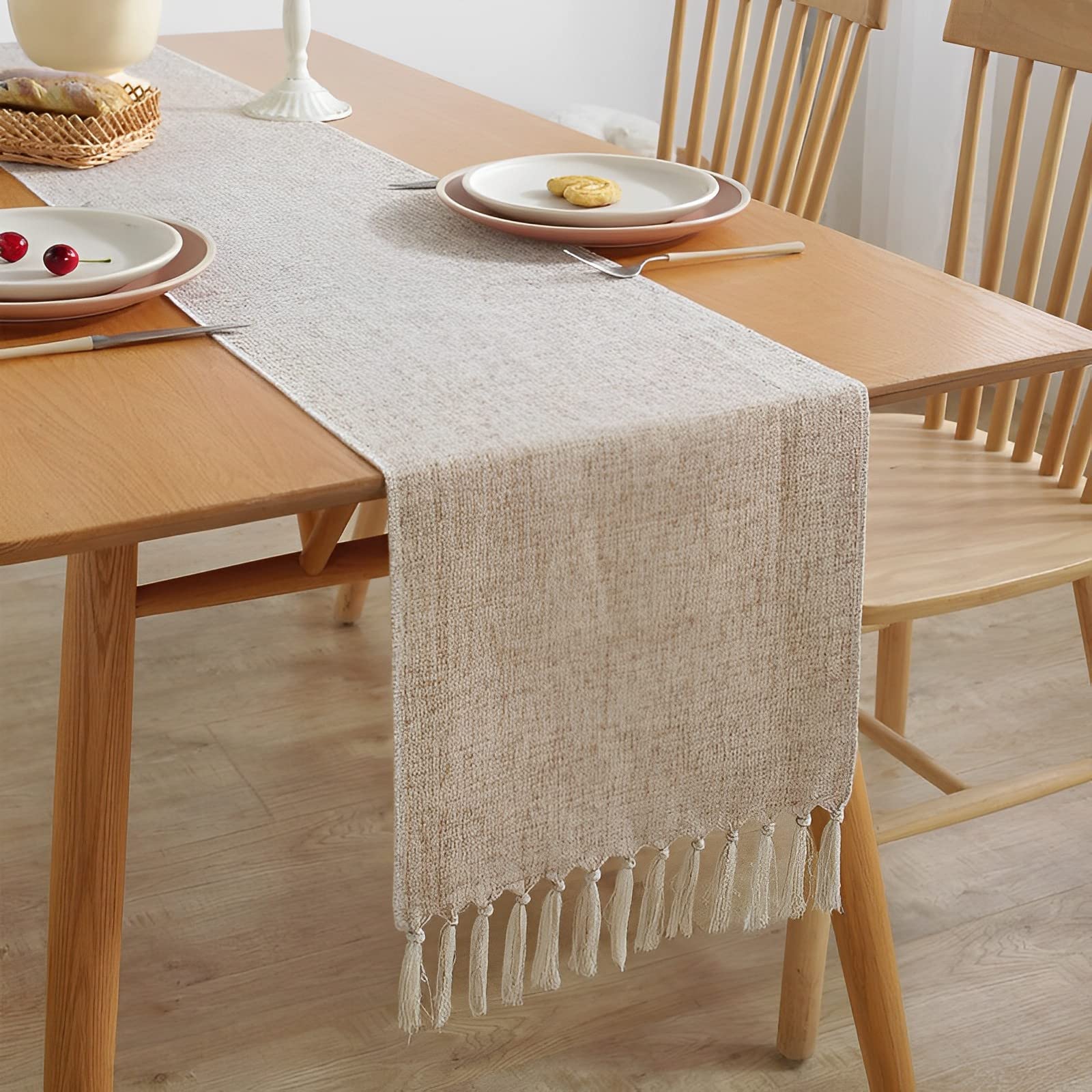 Boho Table Runner,Rustic Farmhouse Style Table Runners,Handmade Fringe Braided Stripe Woven Cotton Linen Table Runner for Holiday Party, Wedding and Dining Decorations (Rustic pure color-13*90 in)