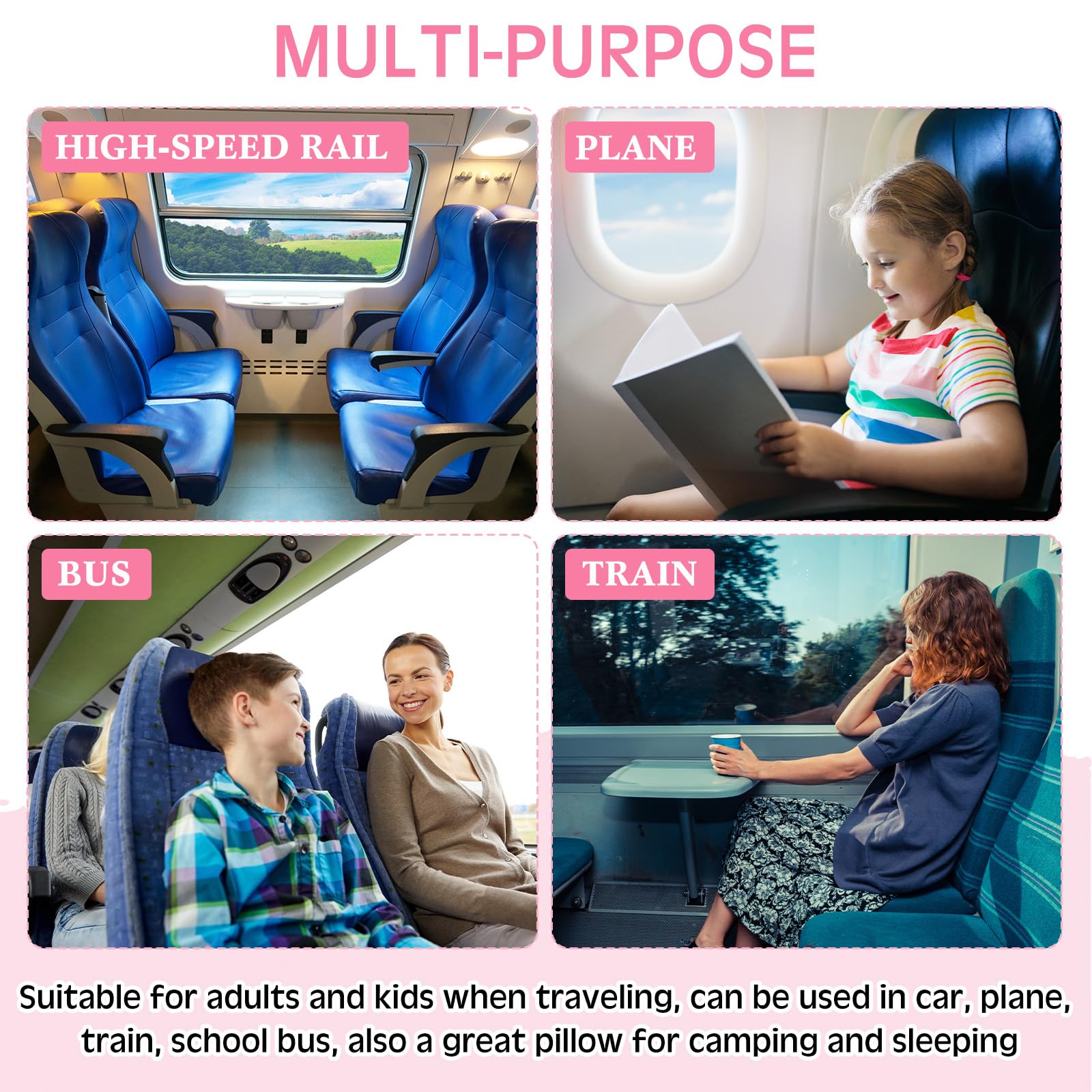 2 almohadas de viaje para automóvil para el asiento trasero de 28 x 18 pulgadas, almohadas de lectura para dormir para viajes de larga distancia, cojín de automóvil para niños y adultos, 7