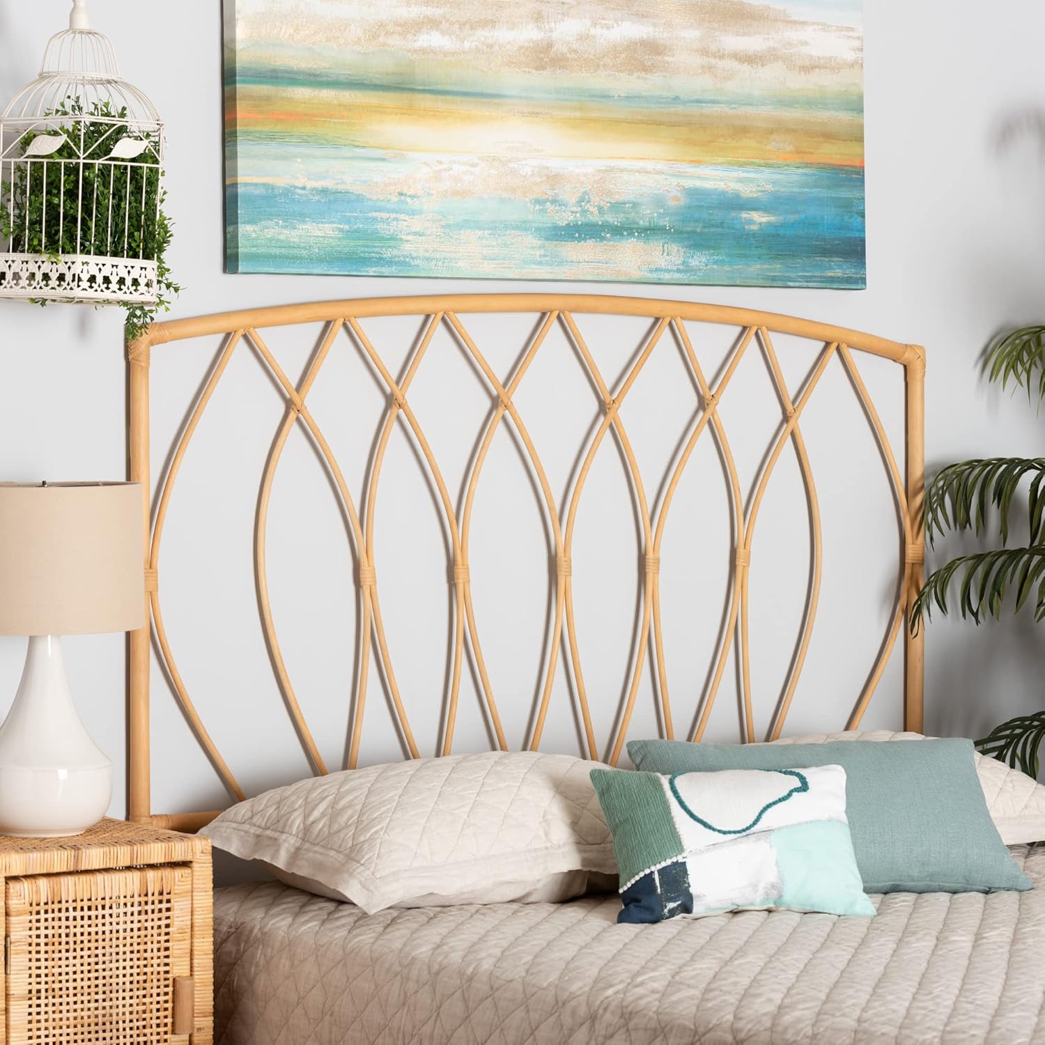 bali & pari Halia Modern Bohemian Natural Rattan Queen Size Wall-Mounted Headboard