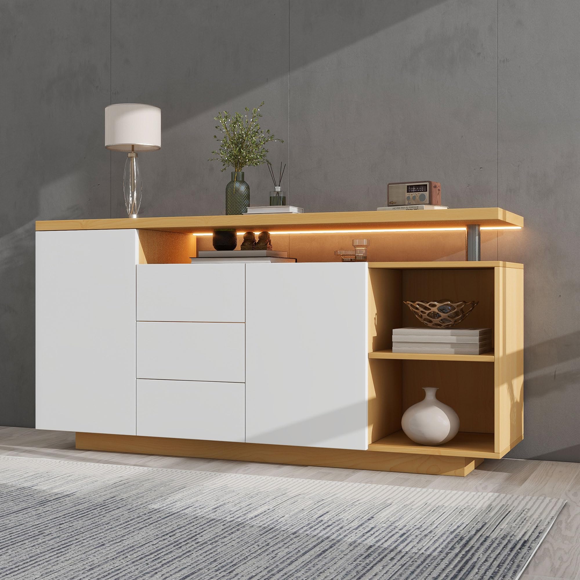 Kebnor Multifunktionales Sideboard, Länge 140 cm, weiß und Holzimitat - 2 Türen, 3 Schubladen, 2 offene Fächer, mit LED-Beleuchtung