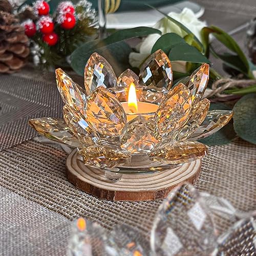 Miniatura 3 de Portavelas de Cristal Flor de LotoCandelabro de Vidrio para Velas de Té, Decoración para Navidad, Boda, Fiesta en Casa (1, Dorado 2 piezas)