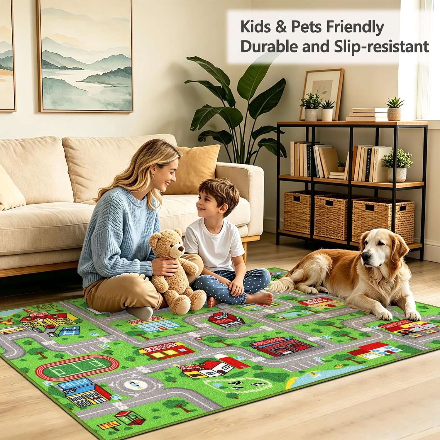 Kids Carpet Playmat Rug 5'2''x3'3'', Kids Rugs for Bedroom, Non-Slip Town City Road Map Car Rugs for Kids Toy Cars, Track Carpet Play Rug for Playroom Classroom Decor (Green) image 5