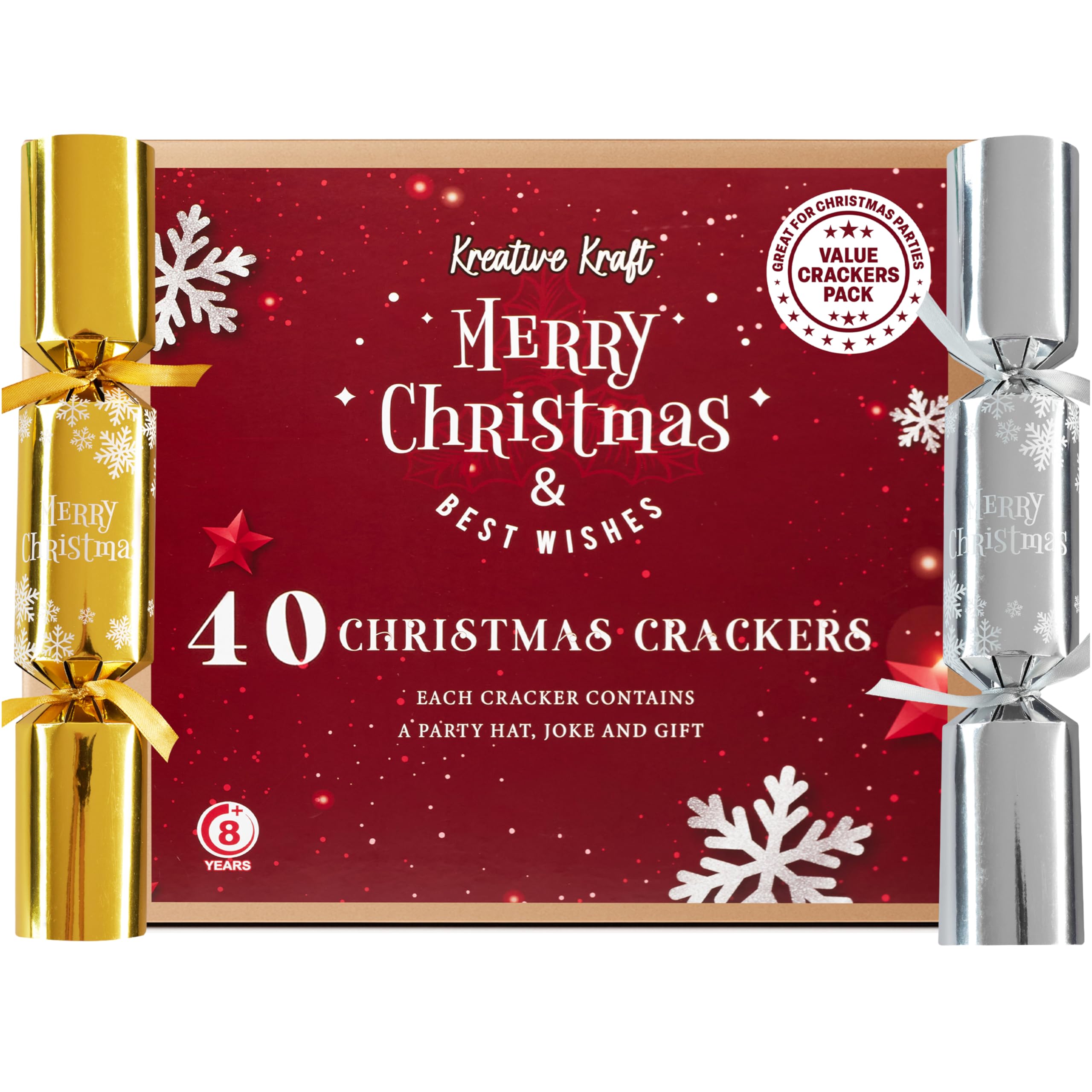 KreativeKraft Pop Luxury Christmas Crackers, Pack of 40 Restaurant Catering & Family Gathering Xmas Crackers with Mini Gifts, Fun Novelty Party Supplies (Gold Silver)