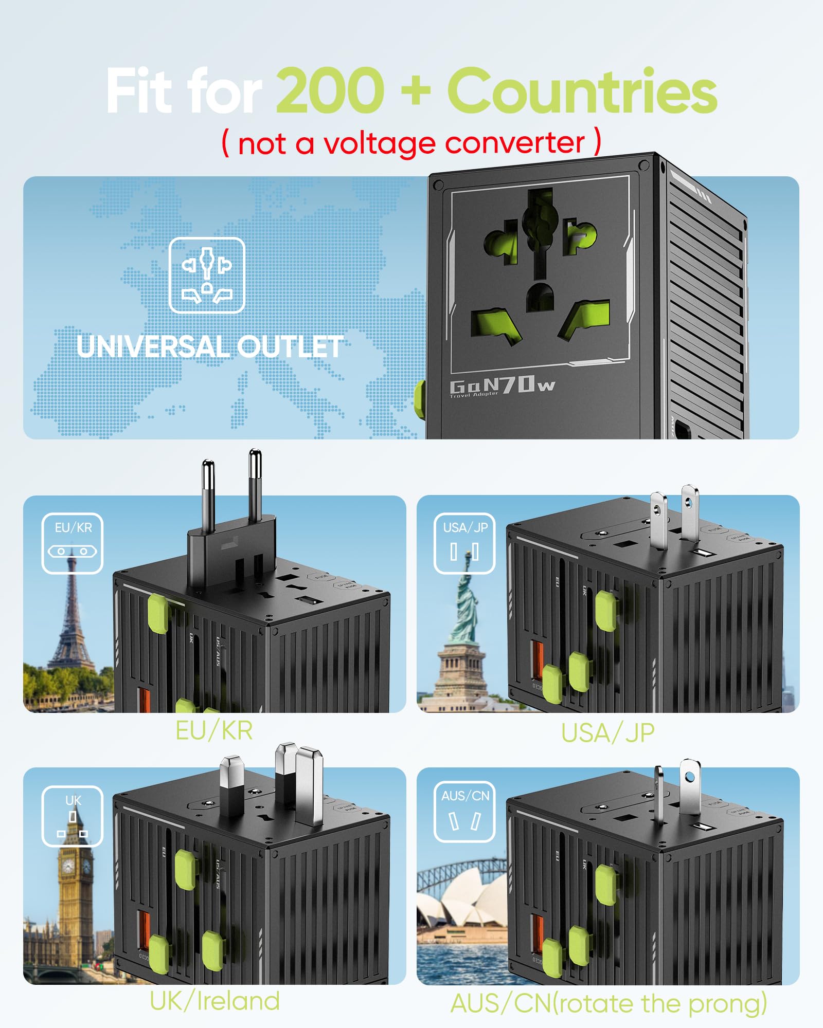 TenTrend - Adaptador universal de viaje, adaptador de corriente internacional de 70 W con 4 puertos USB-C y 1 USB-A, adaptador de enchufe de viaje europeo, esencial de viaje en todo el mundo para la