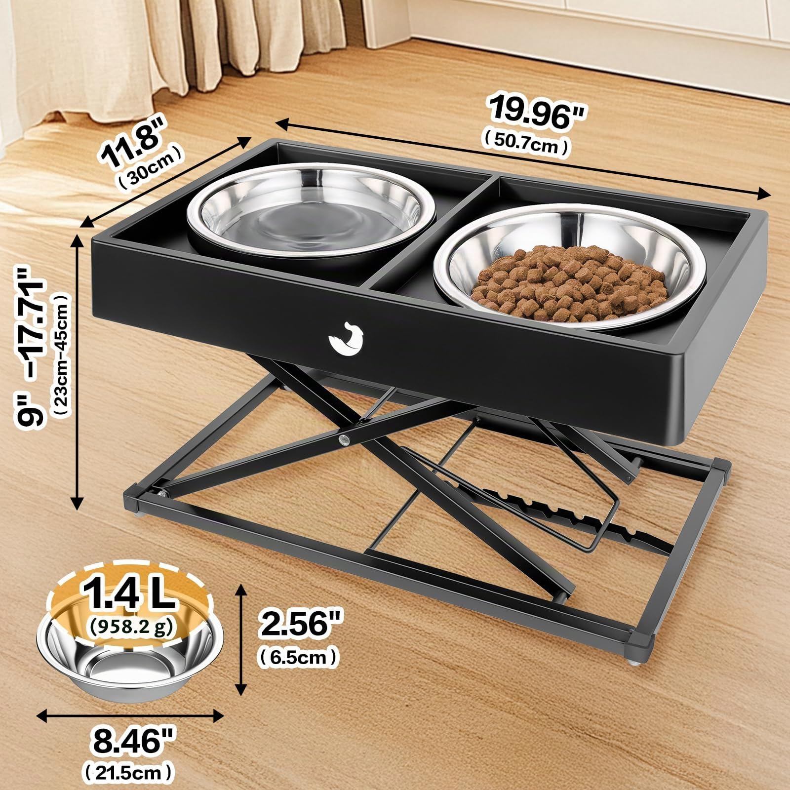 Joytale Support Métallique Réglable pour Gamelle Chien Surélevée (22-45cm) - Distributeur Lourd avec 2 Bols INOX, Station Anti-Dérapante et Anti-Renversement pour Chiens Moyens/Grands