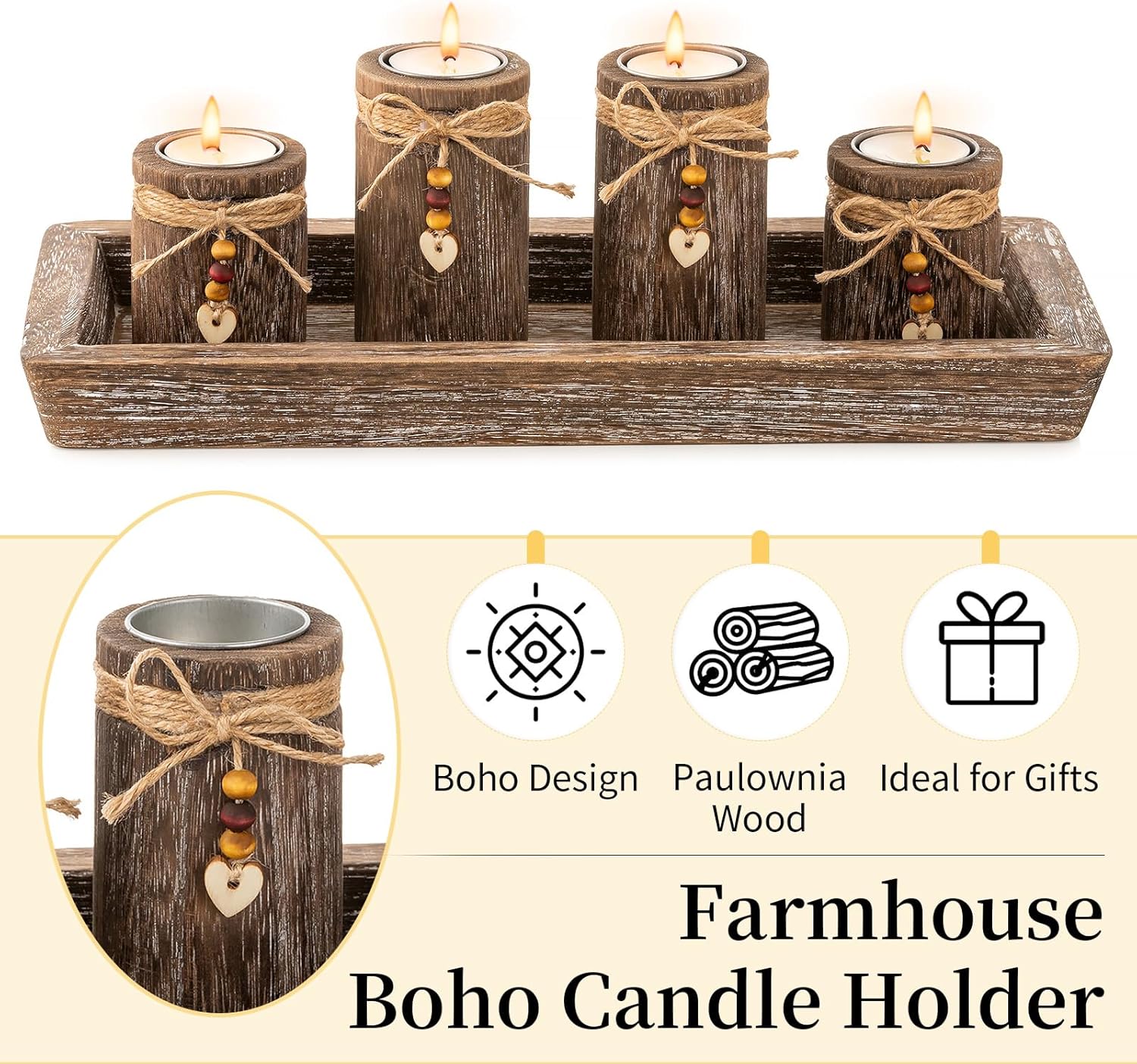 Farmhouse Coffee Table Decor Candle Holder - Romadedi Boho Wooden Tray with 4 Tealight Candles Holders for Tables Centerpiece Home Decorations Living Room Fireplace Kitchen