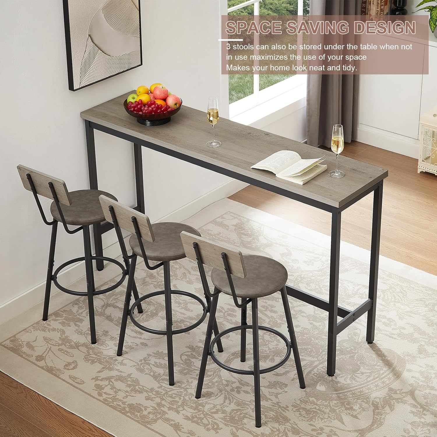 Bar Table and Chairs Set for 3, 63" L Rectangle Sofa Table with 3 PU Upholstered Stools, 4 Piece Industrial Counter Height Dining Table Set for Living Room Kitchen Restaurant, Grey