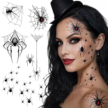 Spider Temporary Tattoos Paper Transfer Sticker - Halloween Spider Web Black Widow Witch Gothic Temporary Face Tattoos for Women Men Adults Kids Body Art Makeup Cosplay