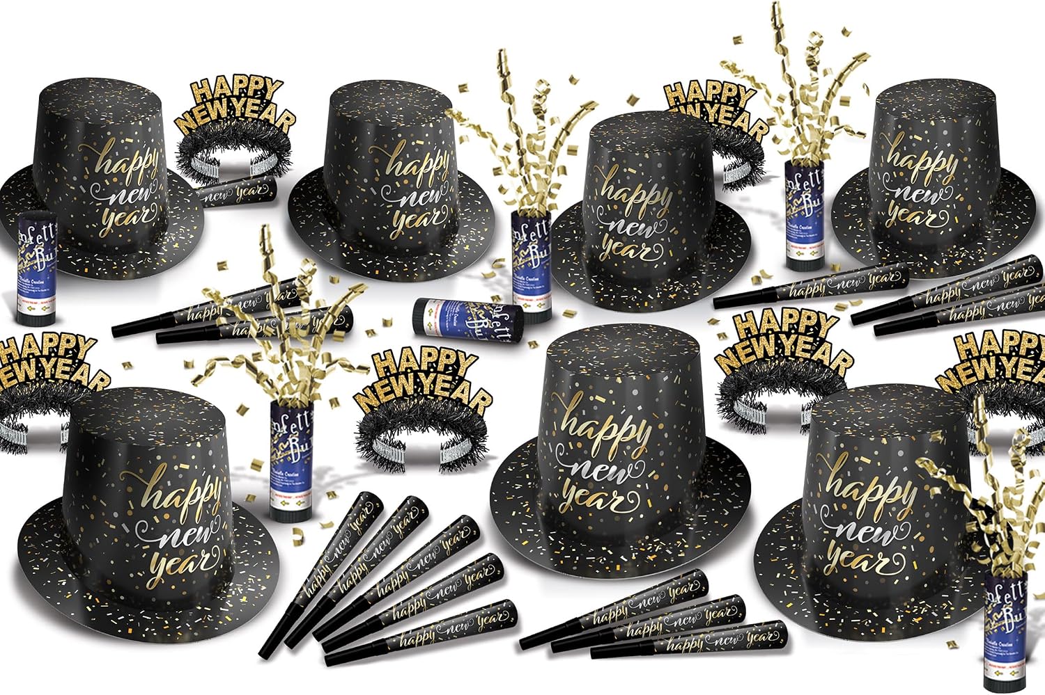 Beistle Confetti New Year Party Kit for 50 – Celebration Set with Printed Foil Hi-Hats, Fringed Tiaras, Foil Horns & Confetti Bursts, Black & Gold Metallic NYE Accessories for Countdown Events