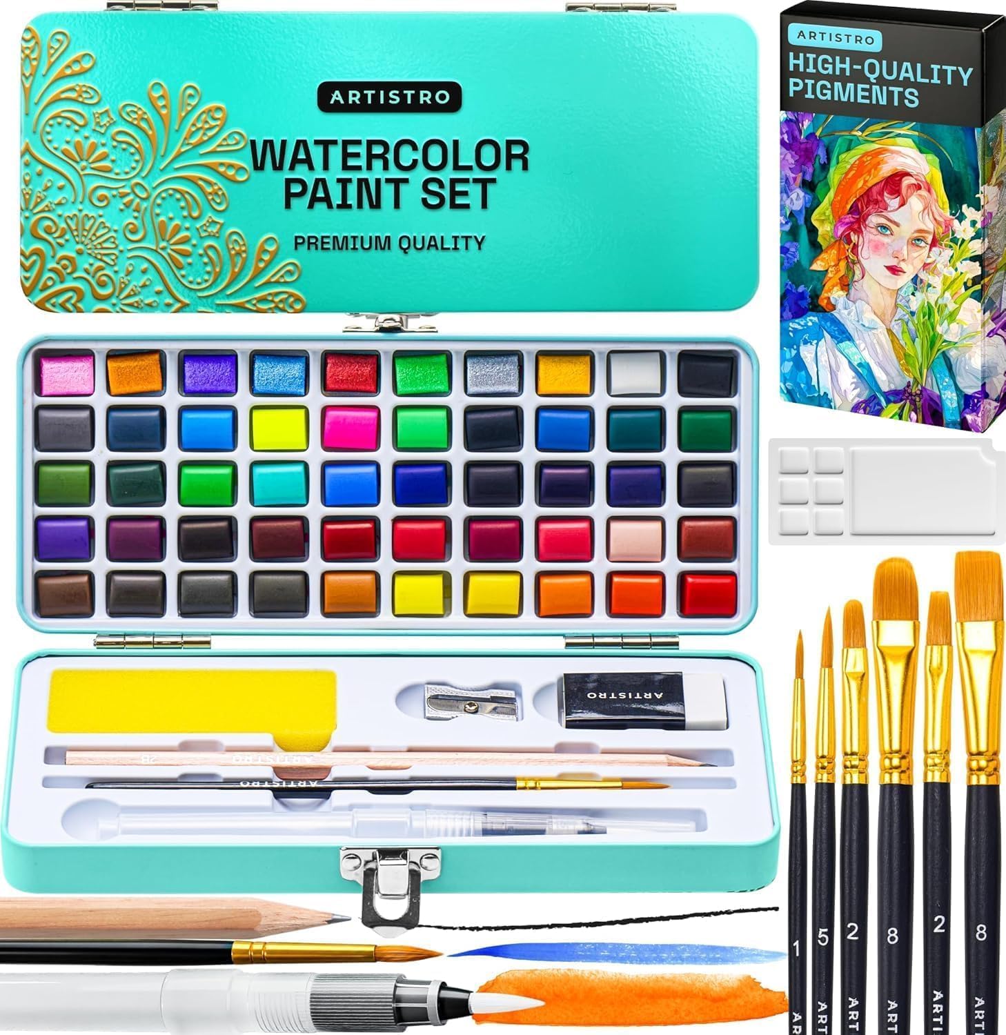 ARTISTRO 50 Color Watercolor Paint Set - Portable Paint Art Kit with Palette and Brush Pens - Travel Water Color Set for Adults, Professionals, Kids - Art and Painting Supplies - Gift Idea - Amazon product rated Grade B