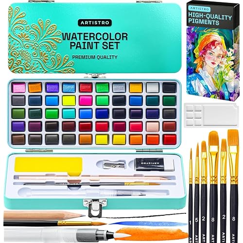 ARTISTRO Watercolor Paint Set, 48 Vivid Colors in Portable Box, Including Metallic and Fluorescent Colors for Artists, Amateur Hobbyists and Painting Lovers, Perfect For Travel
