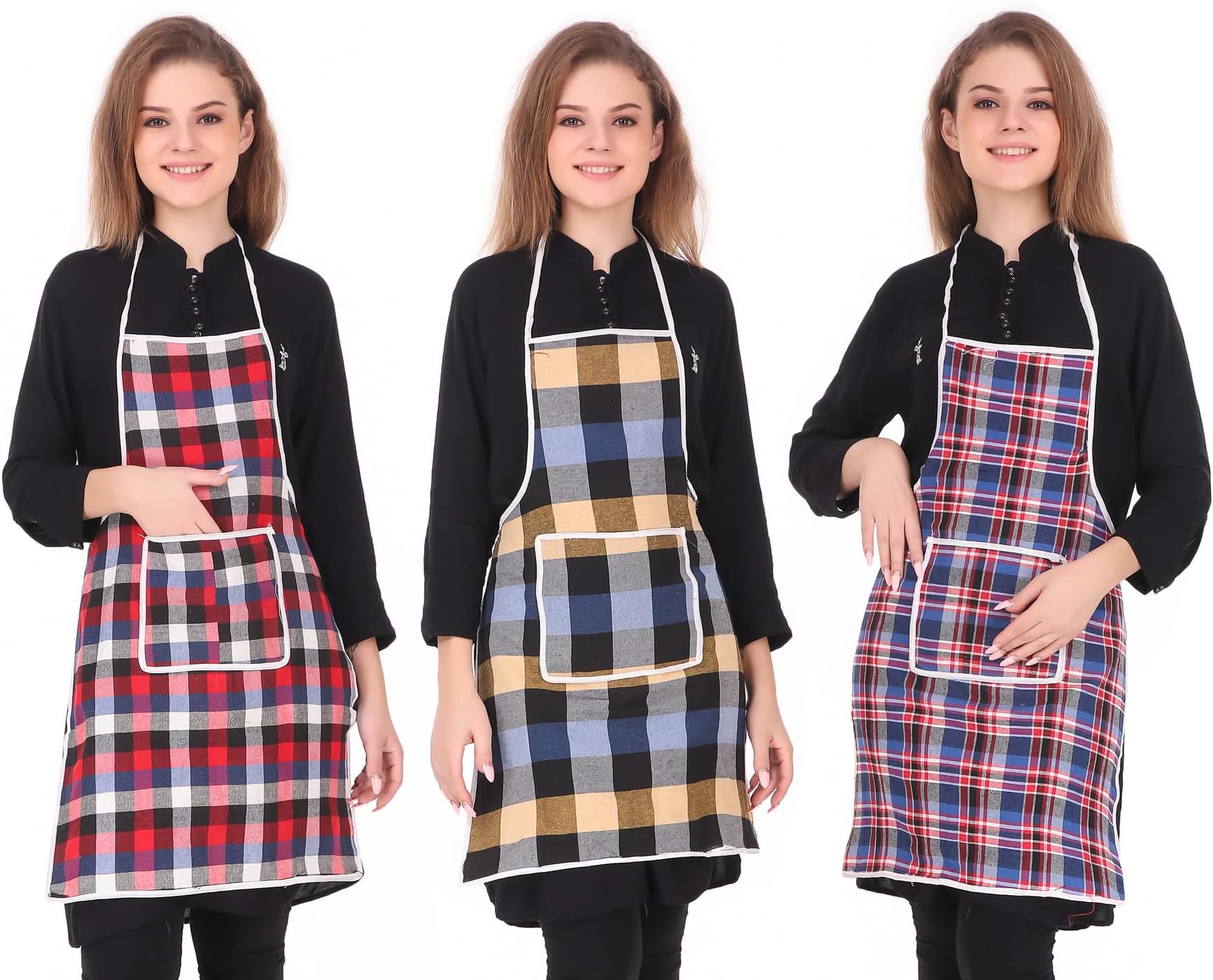 GLUN Cotton Kitchen Multi Colour Apron with Front Pocket Set of 3(Color and Design May Vary)