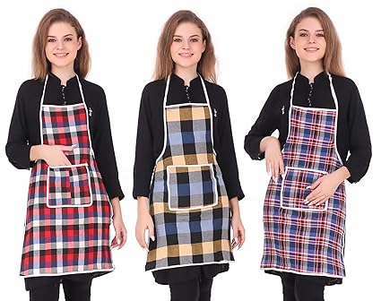 GLUN Cotton Kitchen Multi Colour Apron with Front Pocket - Set of 3(Color and Design May Vary)