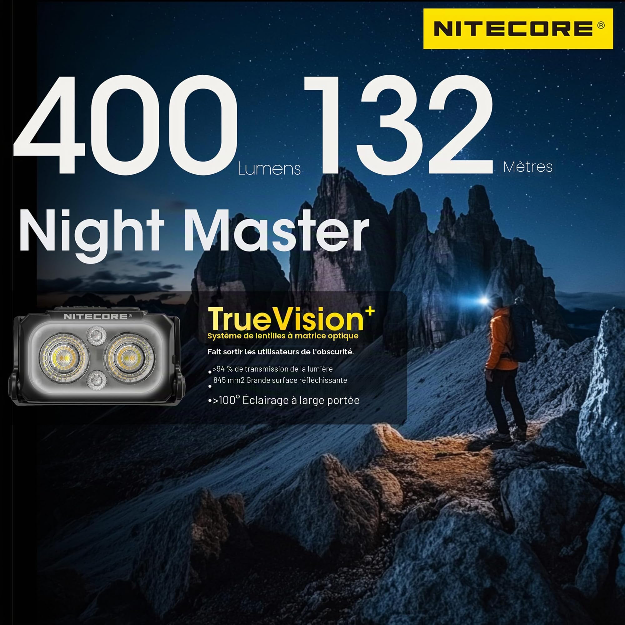 Nitecore NU25 MCT 400 lumens, ultraléger, plusieurs températures de couleur, pour l'extérieur, lampe frontale rechargeable USB-C (diadème normal)