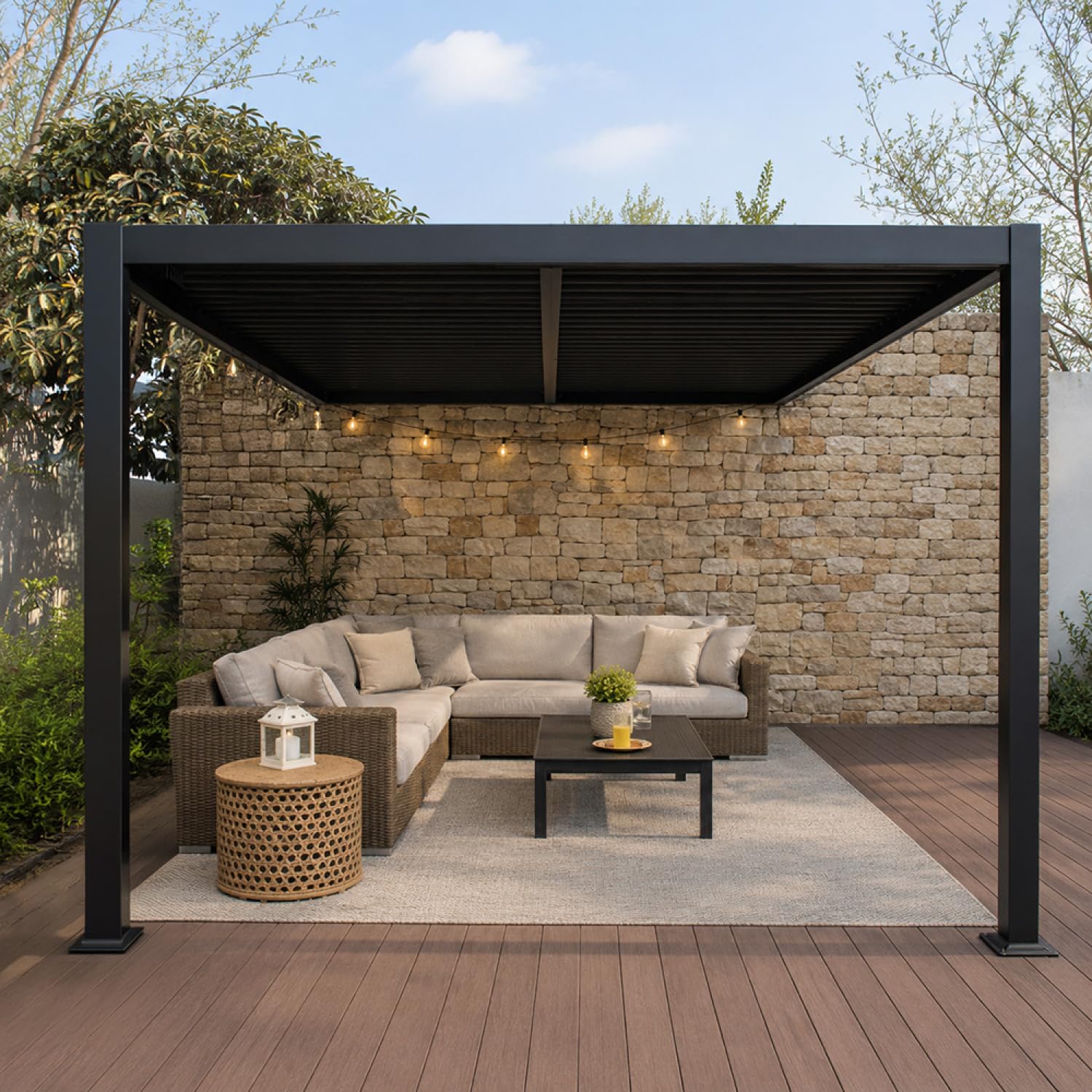 CONCEPT USINE Pergola Bioclimatique Adossée SIFNOS Aluminium Noir 4x3m | Qualité Premium, Design Épuré & Fonctionnel, Mobilier Contemporain, Confort & Durabilité
