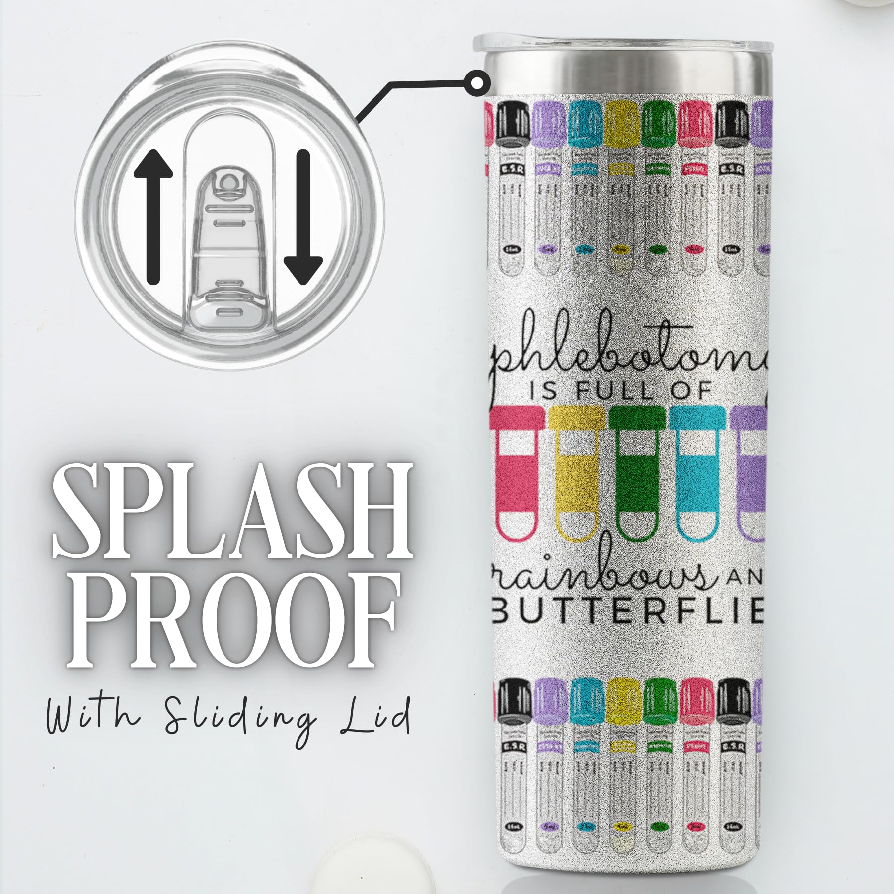 Onebttl Nurse Gifts for Women - Phlebotomy Gifts - Phlebotomist Graduation Gifts - Nurse Week Day Gifts - Phlebotomy is Full of Rainbows and Butterflies, 20oz Glitter Insulated Tumbler Cup with Straw