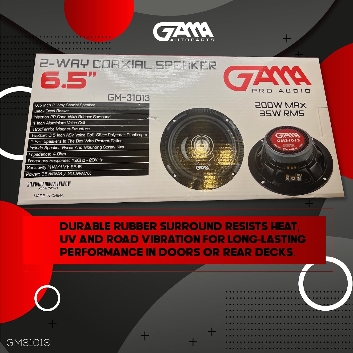 GAMA Audio 6.5" 2‑Way Coaxial Car Speakers, IMPP Cone, 12oz Magnet, Rubber Surround, Silk Dome Tweeter (Pair)