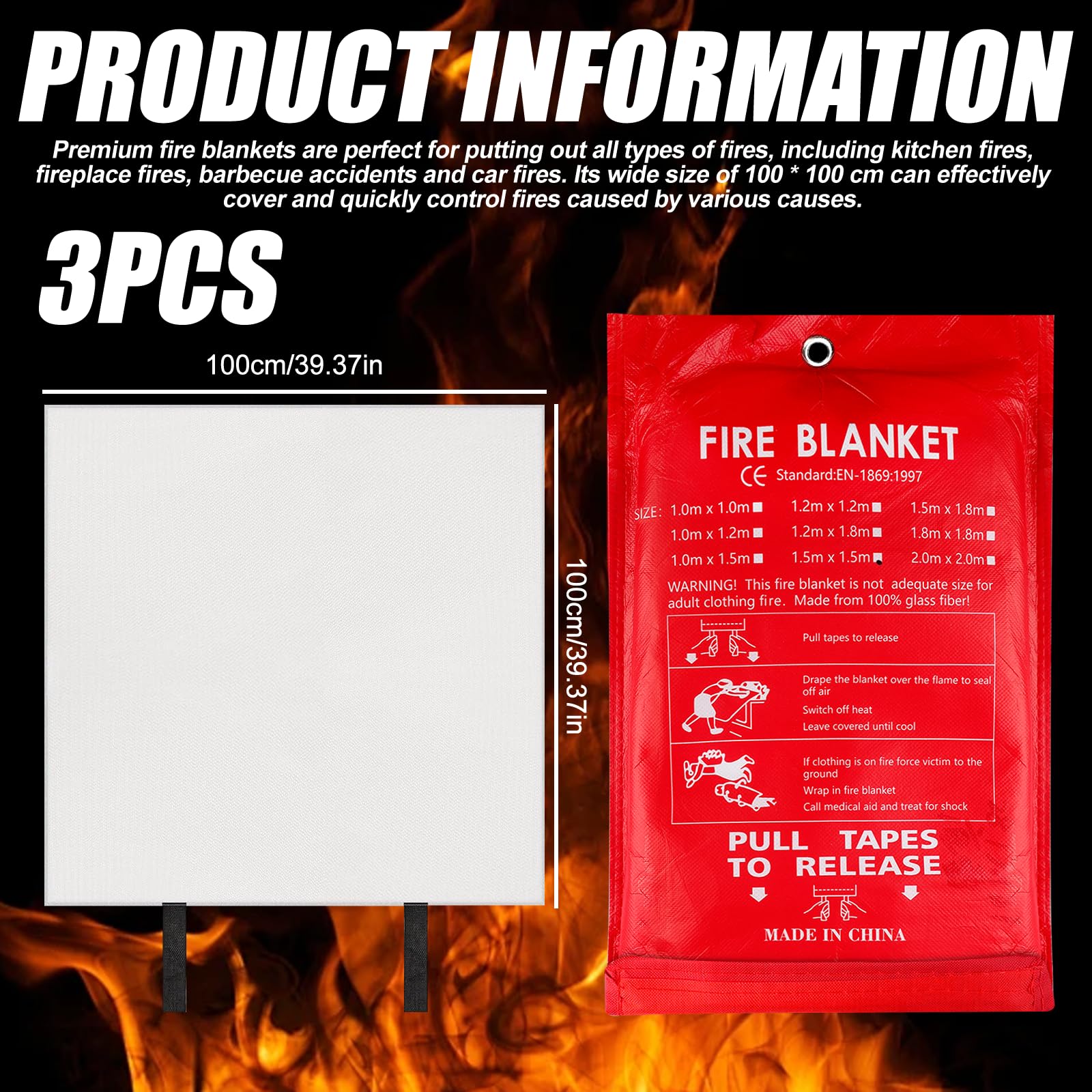 Couverture anti-feu : 3 pièces 100 x 100 cm Couverture anti-incendie de cuisine, couverture anti-incendie en fibre de verre, pour la maison incendie de graisse feux de graisse, bureaux, garages