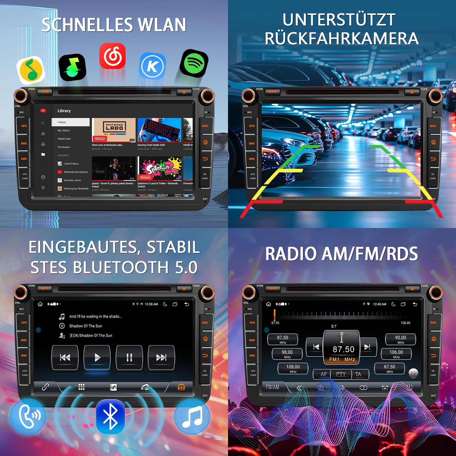 8" 4G+64G Android 15 Autoradio mit Navi für VW T5 Golf 5 6 Polo Sharan Seat Passat Tiguän, Doppel din Radio IPS Bildschirm Mediareceiver mit CarPlay Android Auto Bluetooth PDC RDS CD