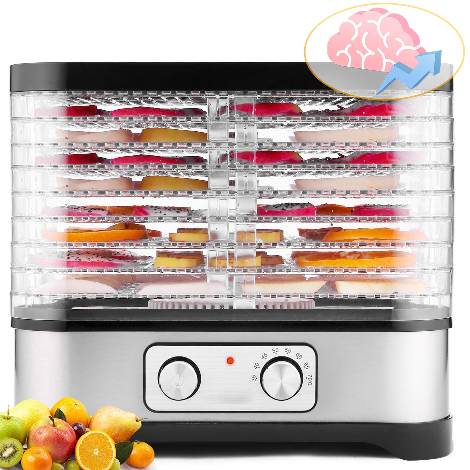 Meykey Deshidratador de Alimentos 8 Pisos Bandejas, Deshidratador de Frutas y Verduras 400W con Temporizador 72H y Temperatura Ajustable,Ajuste mecanico,sin BPA