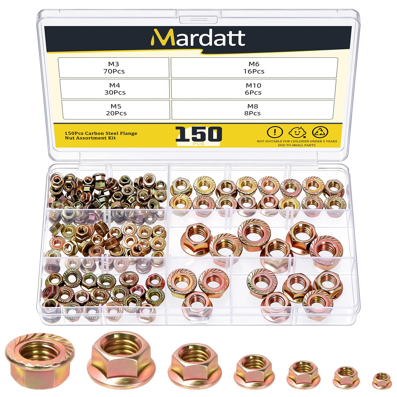 Mardatt 150Pcs M3 M4 M5 M6 M8 M10 Serrated Flange Nuts, Carbon Steel Yellow Zinc Plated Metric Flange Hex Lock Nuts for DIY Home Mechanism