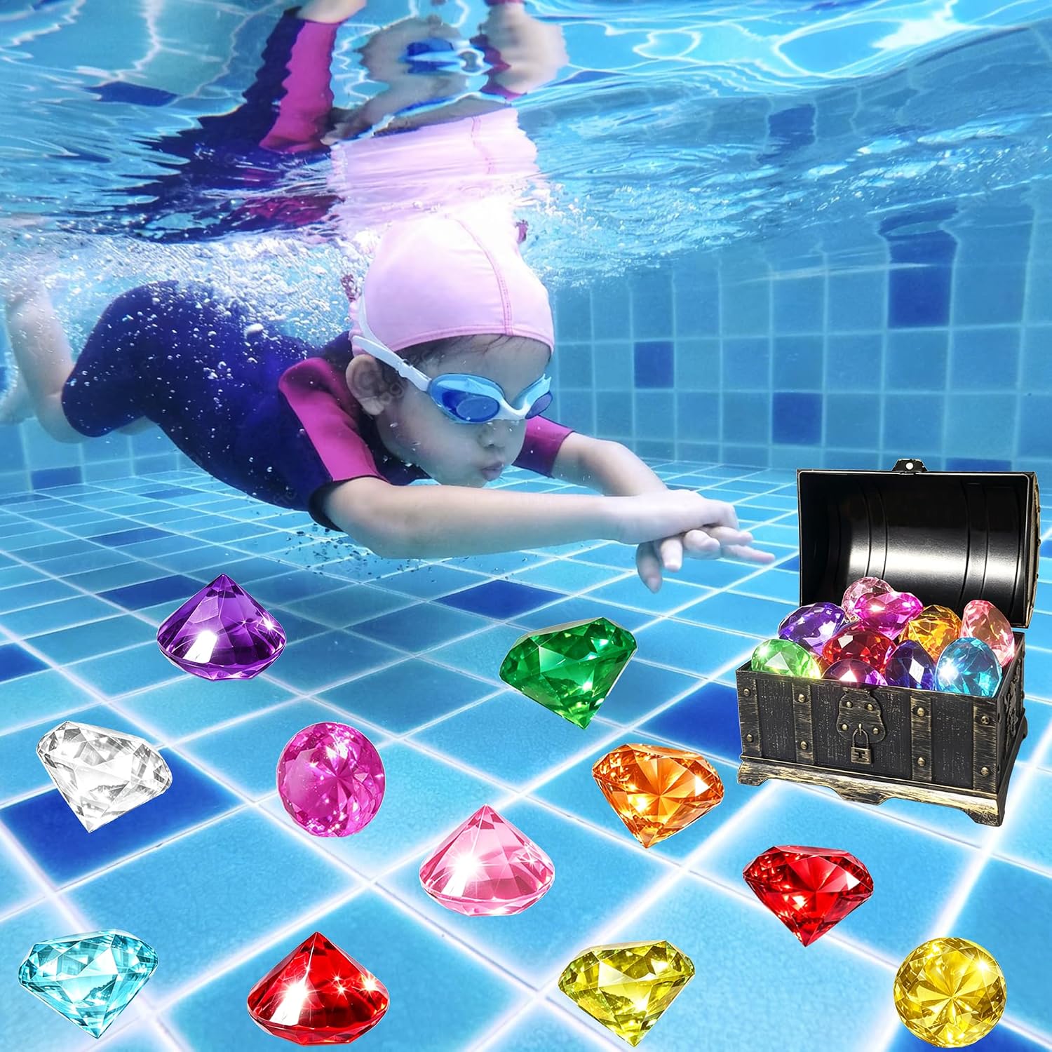 Diving Gems Pool Toys,16 Pcs Big Colorful Diamond with Treasure Chest Pirate Box Toy for Kids Swim Dive Underwater Gemstone Swimming Training Pool Games and Pirate Themed Party
