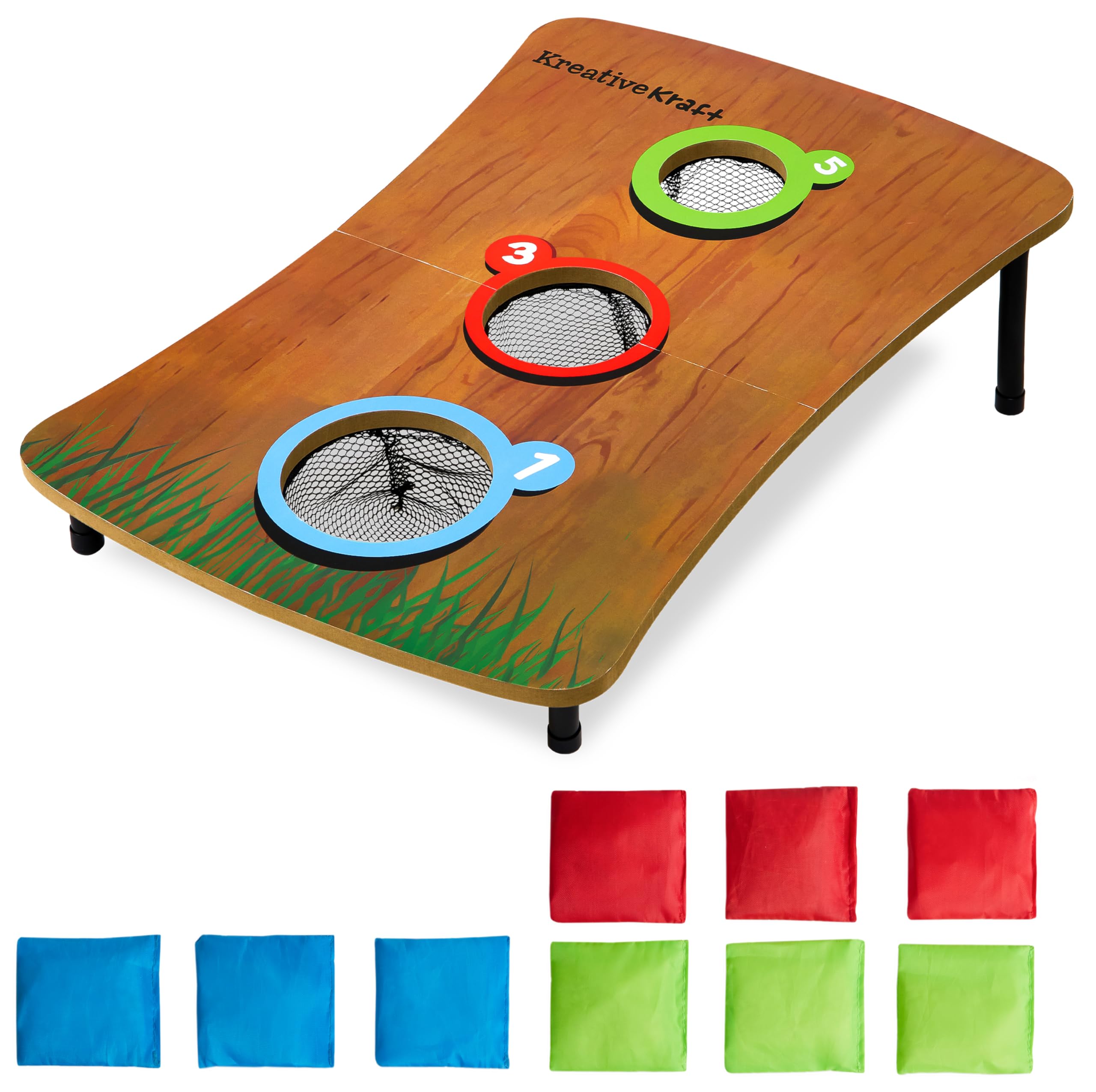 KreativeKraft Plastic/Mixed Multicolor Bean Bag Toss Game with Wooden Table for 3 Players or Teams of 3