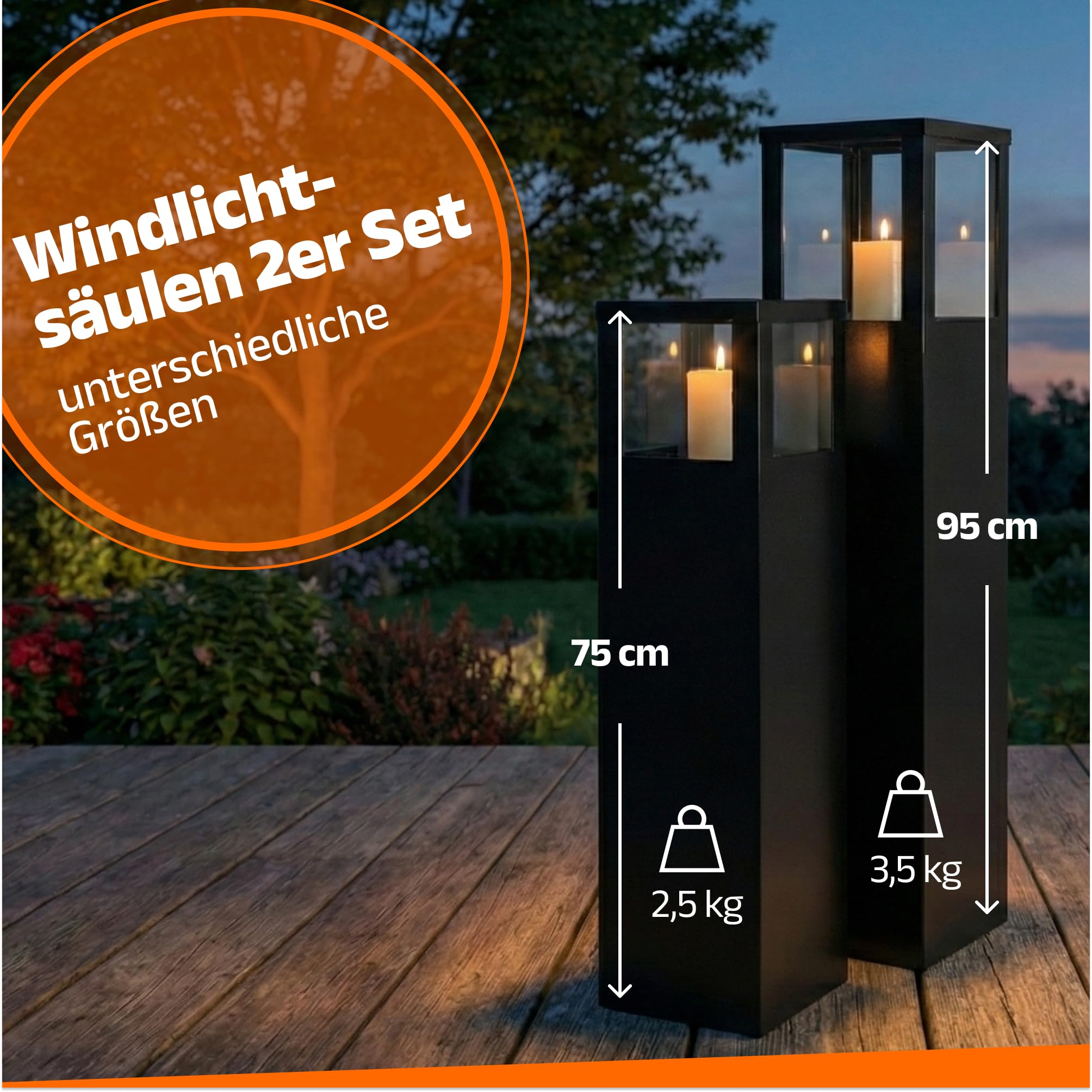 BENTSON Set di 2 colonne decorative per giardino, design industriale, lanterna da giardino per interni ed esterni, rettangolare, 95 cm + 75 cm