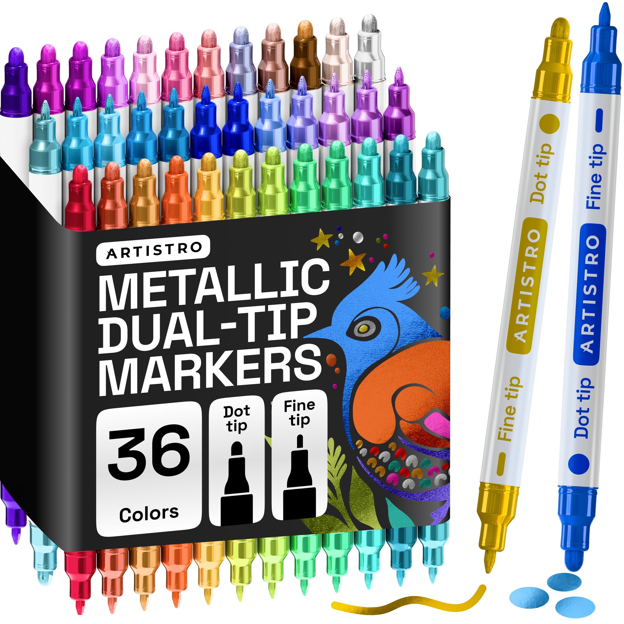 ARTISTRO 36 Metallic Dual-Tip Acrylic Paint Markers for Rock, Canvas, Glass, Wood, & More Fine + Dot Tips