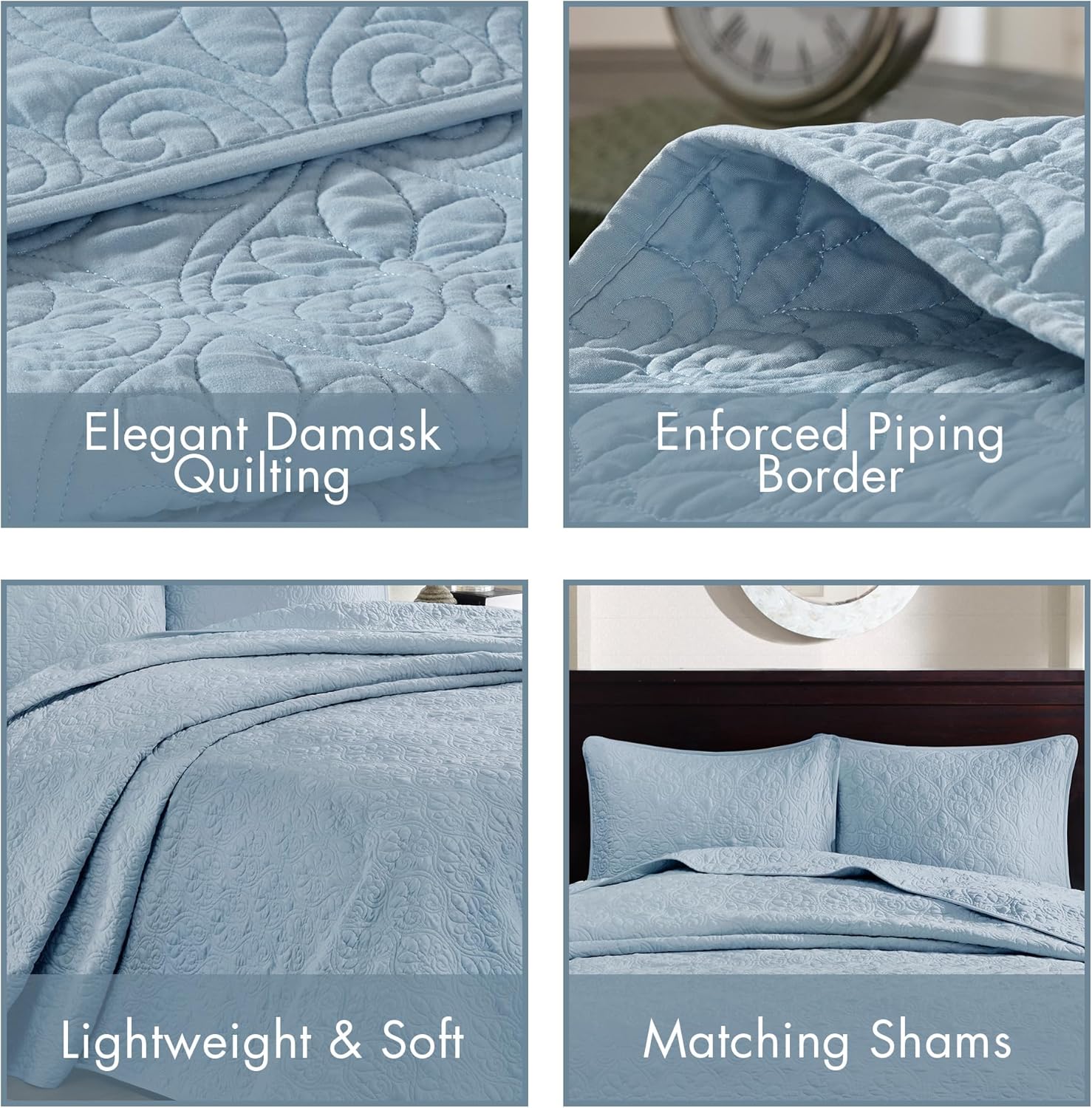 Madison Park Quebec Reversible Quilt Set Damask Design, Double Sided Stitching All Season, Lightweight Bedspread Bedding Set, Matching Sham, Blue, Queen(102"x118") 3 Piece - Image 4