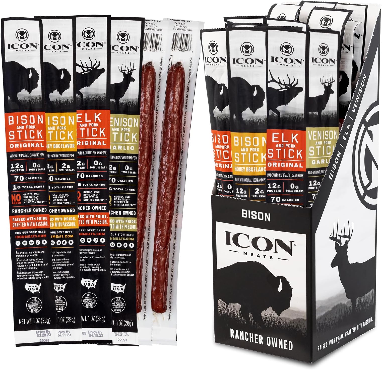 Meats Snack Sticks Sampler, 24 Pack High Protein Snacks, Assorted Bison, Elk, Venison & Pork Individually Wrapped Meat Sticks 6 Per Flavor, Gluten Free, Low Sugar, Gifts for Him