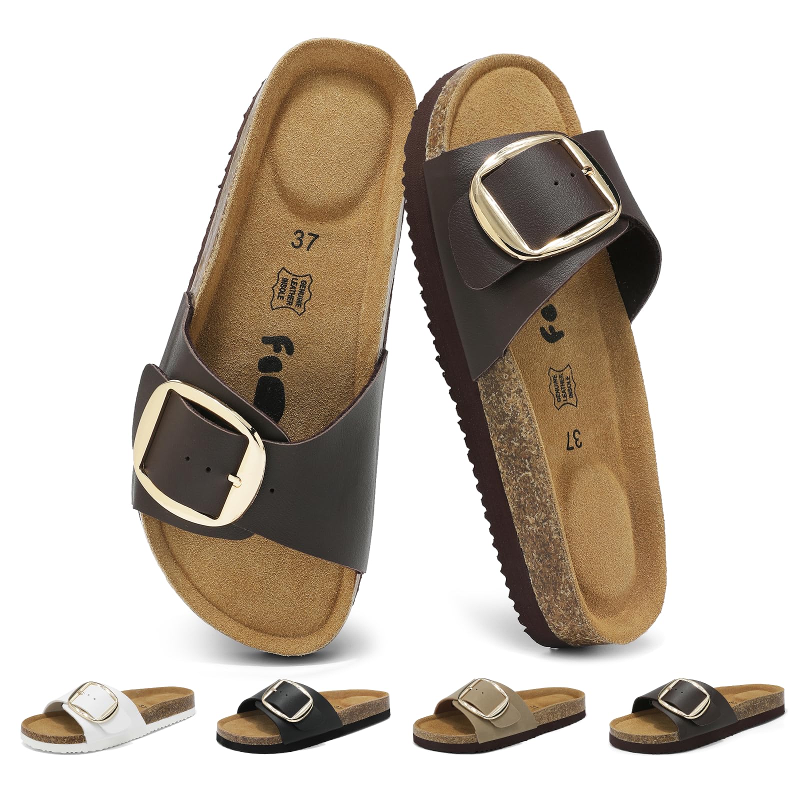 Sandales Femme Grande Boucle Métallique Semelle Cuir Véritable Mousse à Mémoire de Forme Mules en Liège Antidérapantes 36-42