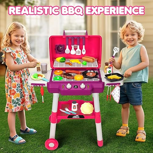 Miniatura 6 de Juguetes de cocina para niños, juego de parrilla de barbacoa para niños con luz de sonido ahumado, juguete de barbacoa de 2 capas con ruedas,