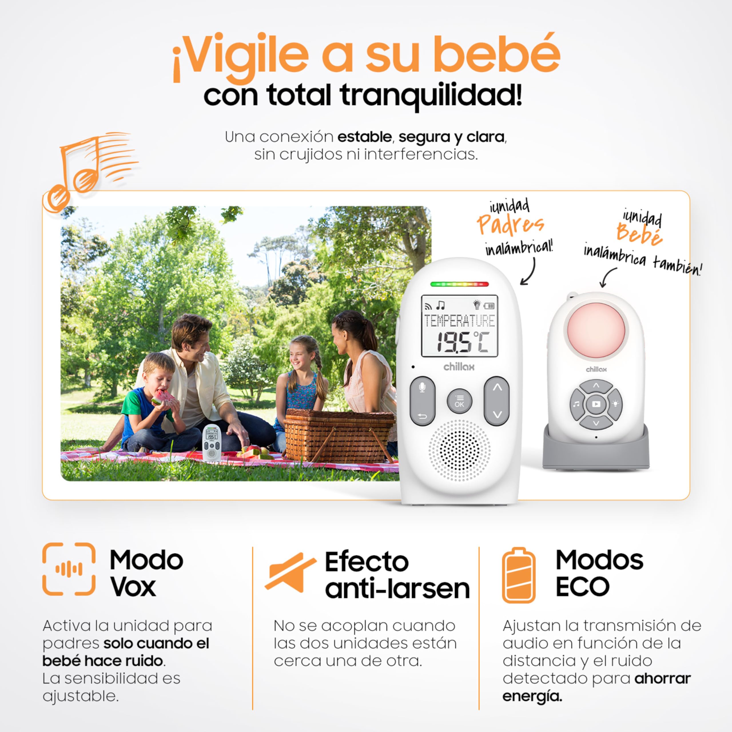 Chillax -Vigilabebés Audio CB360 Portátil - DECT - 2 Unidades inalámbricas - Modo VOX y Eco - Sensor de Temperatura con Alerta - Alcance 340m - Luz Nocturna y 5 Nanas - Autonomía 13 h - Walkie-Talkie