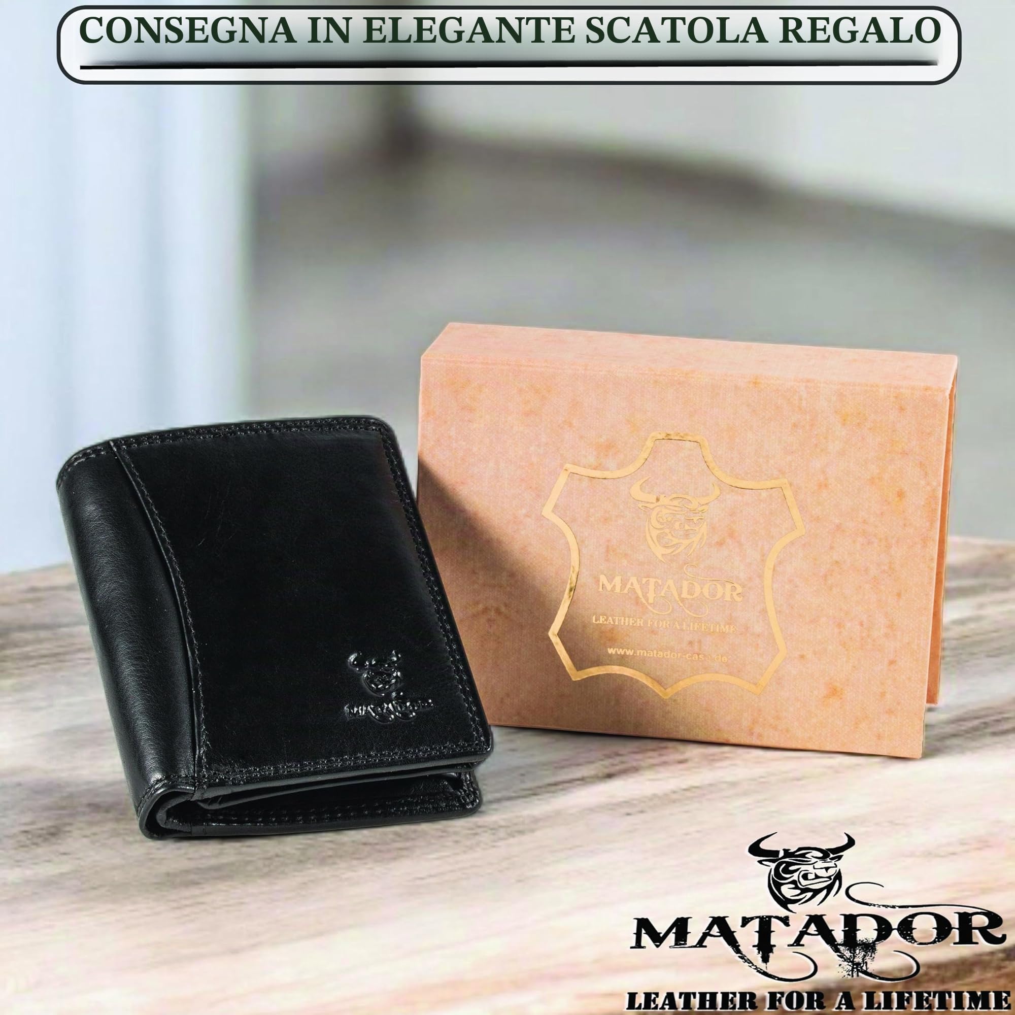 Matador Portafoglio piccolo in pelle da uomo, NERO