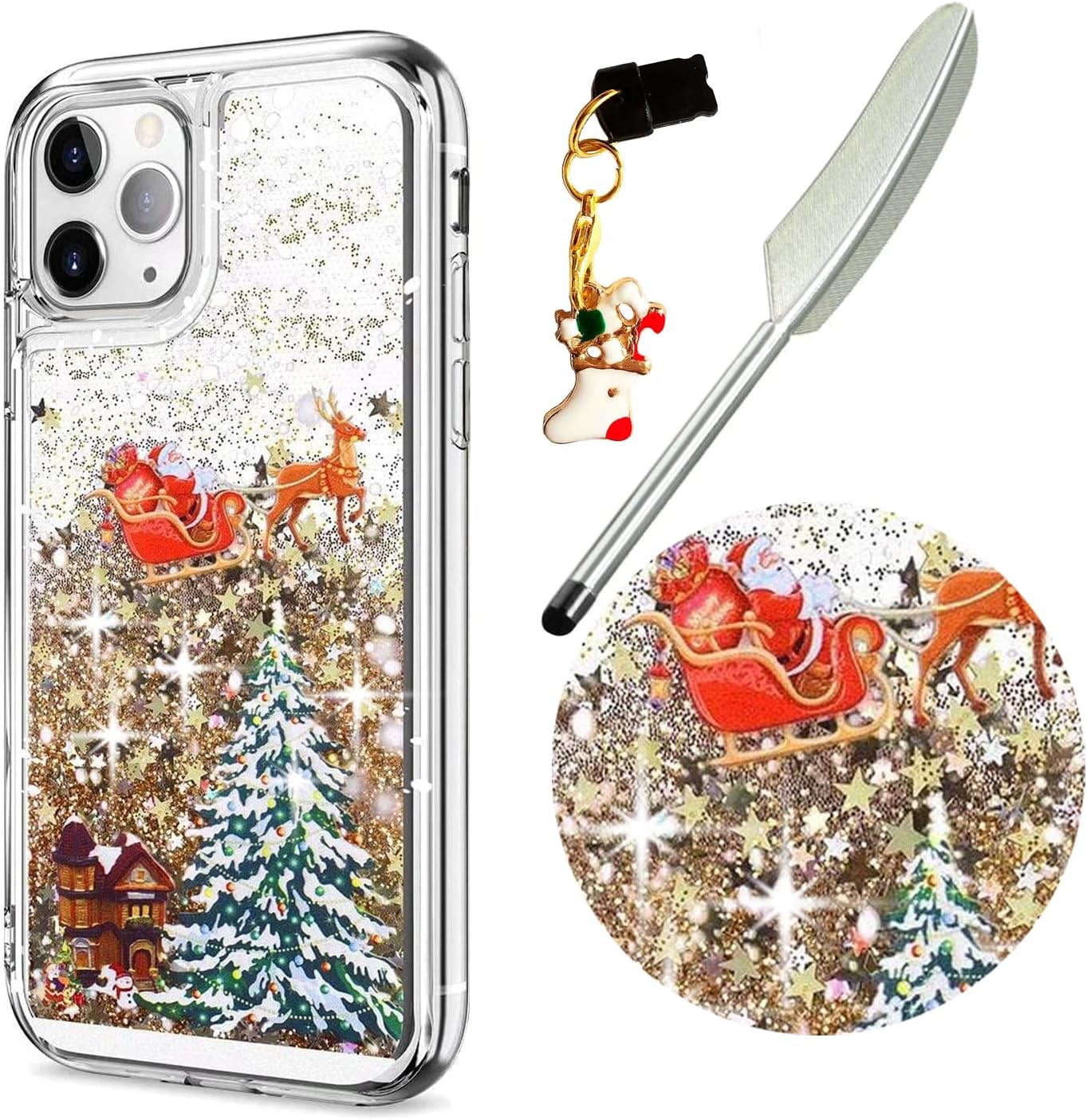 ReevermapiPhone 14 Pro Mobile Cover Case, Protective Clear Shiny Glitter Liquid Floating Soft Silicone Xmas Santa Claus Phone Case for iPhone 14 Pro & 1 Touch Pen & 1 Dust Plug, Gold
