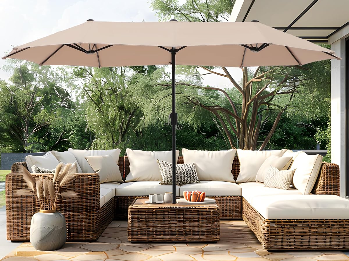 PHI VILLA Paraguas grande de doble cara para patio al aire libre de 13 pies, rectangular, beige | Sombra de 13x6,5 pies, rectangular, sombrilla de mercado para mesa de patio, cabezal triple, bloqueo UV, con manivela, para terraza, exterior