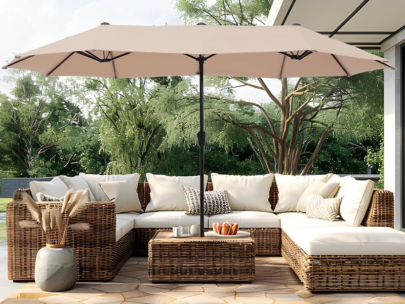 PHI VILLA Paraguas grande de doble cara para patio al aire libre de 13 pies, rectangular, beige | Sombra de 13x6,5 pies, rectangular, sombrilla de mercado para mesa de patio, cabezal triple, bloqueo UV, con manivela, para terraza, exterior