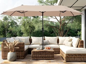 PHI VILLA 13ft Large Outdoor Patio Double-Sided Umbrella, Rectangle, Beige | 13x6.5 ft shade, rectangular, patio table market umbrella, triple head, UV blocking, with crank handle, for deck, outside