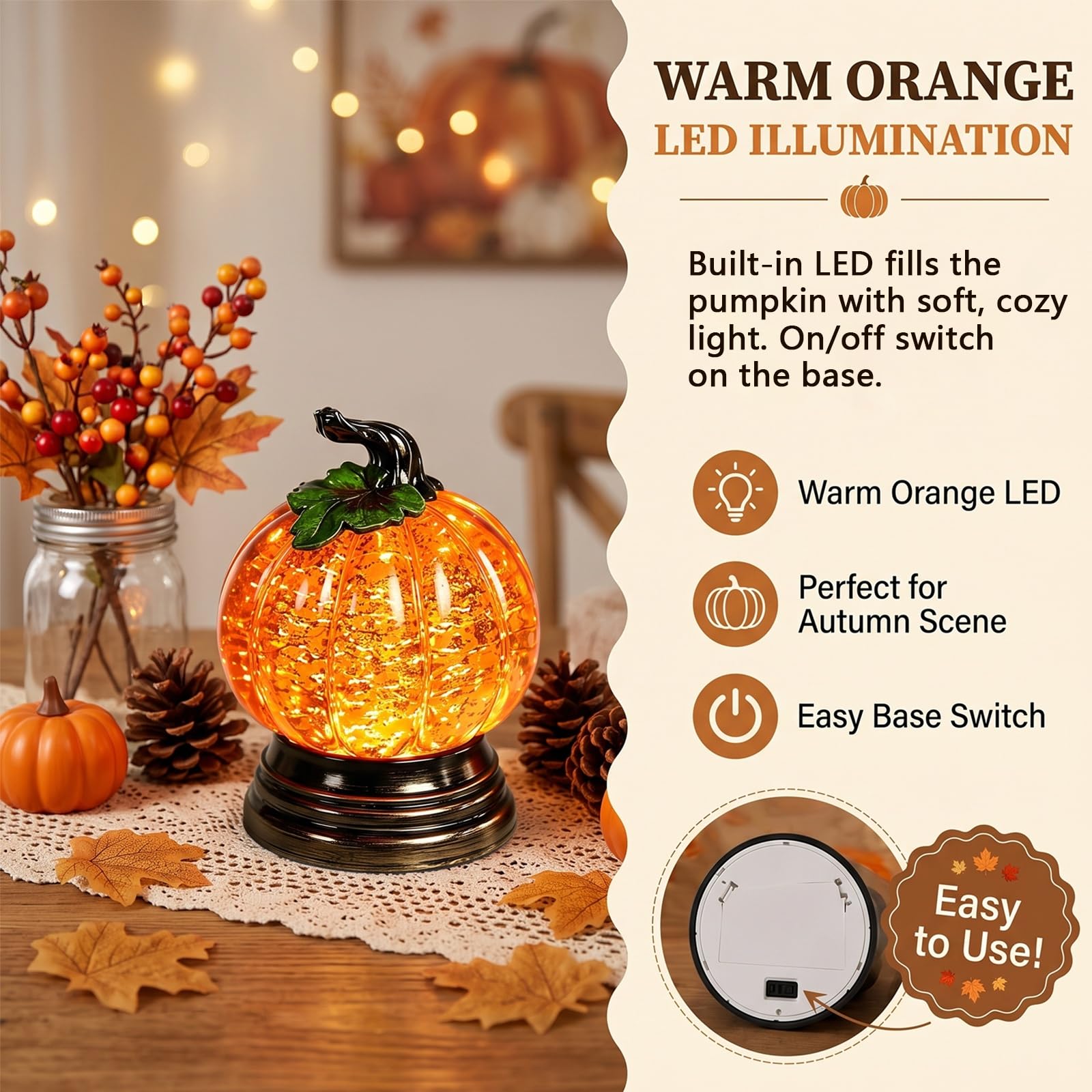 Globo neve zucca illuminato glitterato, simpatico globo neve autunnale | Centrotavola autunnale Halloween con calda luce LED arancione, decorazione caminetto Ringraziamento for casa, tavoli(2pcs)