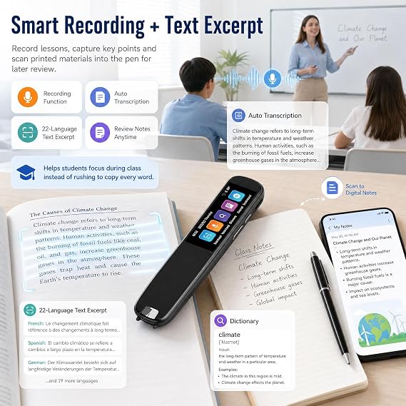 Translation Pen for Kids, Reading Pen & Dyslexia Tool with 130+ Languages Voice Translator, Offline Scan 12 Languages, 2.99in Screen Text-to-Speech, Smart Recorder for Language Learning
