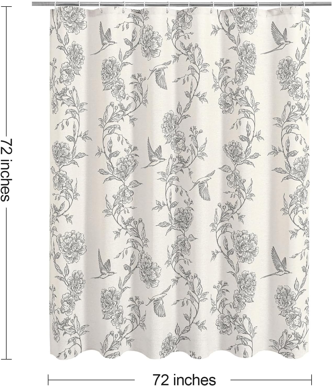 MitoVilla Grey Farmhouse Shower Curtain Set, Cotton Floral Hummingbird Cottagecore Spring Shower Curtains for Bathroom, Modern Country Bathroom Décor, 72" W x 72" L