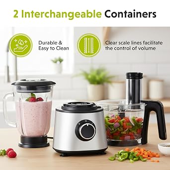Simple Deluxe Food Processor Blender Combo, 300W Electric Food Processor for Slicing, Dough, Vegetables, 6 Cup Chopper for Meat and Puree, 2 Speeds Adjustable, Safety Lock with 1.5L Glass Jar, Black