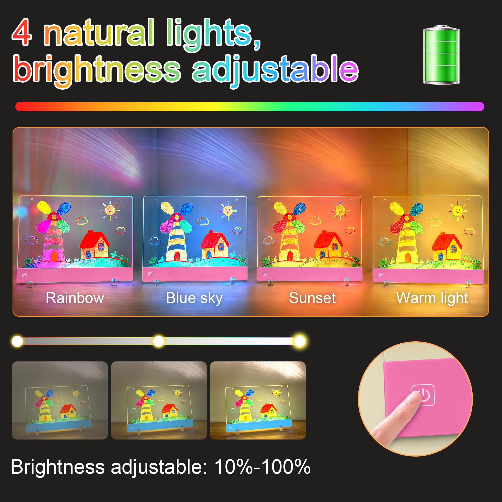 Wiederaufladbare LED-Zeichenbrett, Leuchttafel Schreibtafel mit 4 Lichtverlaufsmodi, 35 × 26 cm LED Maltafel Kinder & Notizboard, Inklusive 12 Stifte, Aufhängekette,Ständer, Kreatives Geschenk(Rosa)